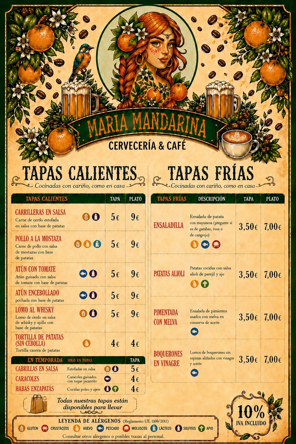 Carta Tapas calientes y tapas frías