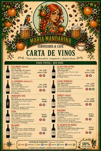 Carta de vinos tintos