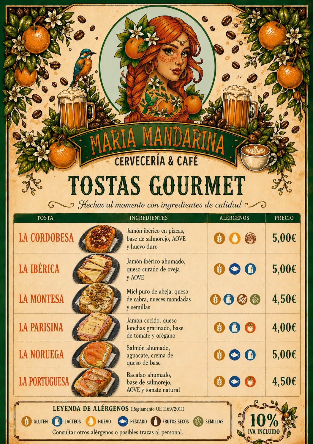 Carta de tostas gourmet